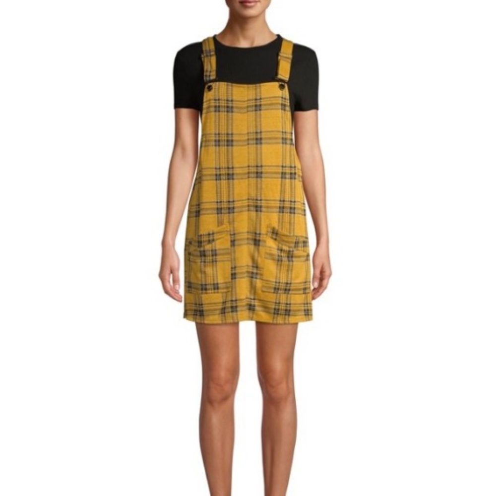 No Boundaries Juniors' Double Knit Pinafore Dress, Plaid Mustard Size 7-9